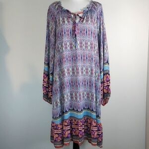 Suzanne Betro Multicolor Patterned L/S Lightweight Boho Dress w/ Pockets Size 1X